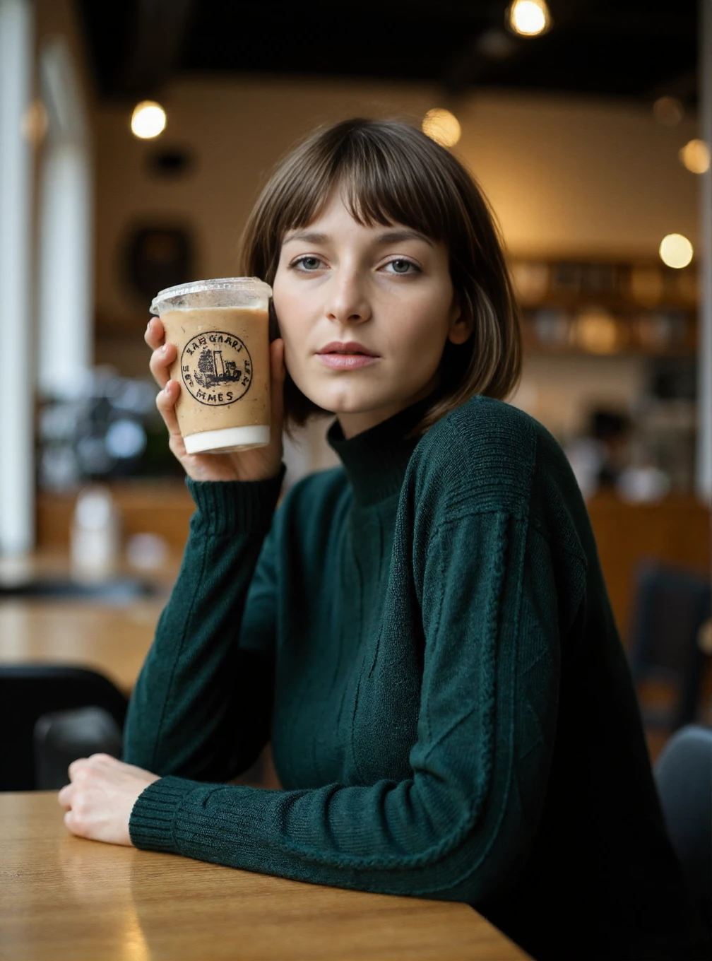 A professional photograph of a young fashion model Flora wearing a dark green cableknit sweater in a cafe, holding a latte, very short brunette hair in a cheek-length bob with bangs, detailed skin, bokeh, female focus, SFW, smiling<lora:Flora_aka_Mary_G:1>