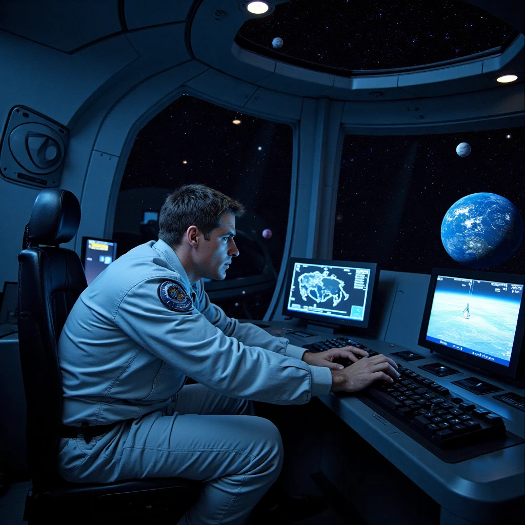 Cameron Mitchell floating in zero gravity inside a spaceship. The interior of the ship is sleek and futuristic, with holographic screens displaying star maps and data. Mitchell is adjusting controls with a focused look, while stars and planets can be seen through the ship's windows.