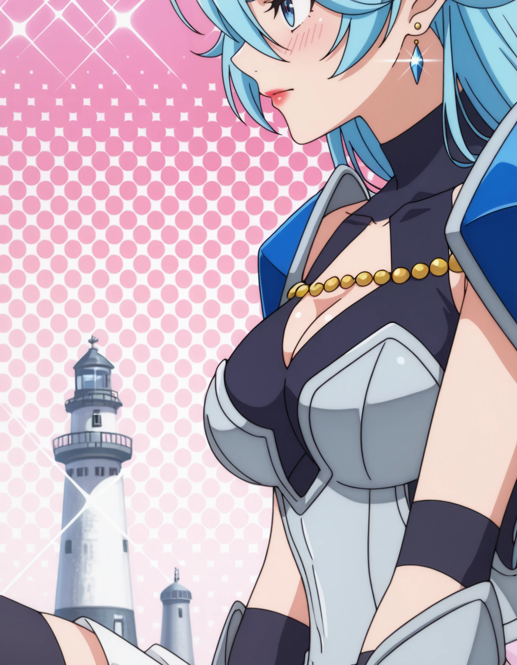 <lora:louise_balze_il:1> louise_balze, long_hair, blue_hair, ahoge, blue_eyes, , shoulder_armor, cleavage, cleavage_cutout, armor, skirt, zettai_ryouiki, black_thighhighs, boots, fingerless_gloves, hair_between_eyes, 1girl, blush, bob_cut, close-up, closed_mouth, collarbone, earrings, eyelashes, film_grain, from_side, jewelry, lipstick, looking_at_viewer, makeup, nose, pink_background, pink_theme, popped_collar, profile, purple_theme, red_lips, side-eyed, solo, stud_earrings, dotted_background, diffraction_spikes, lighthouse, masterpiece, detailed, best_quality