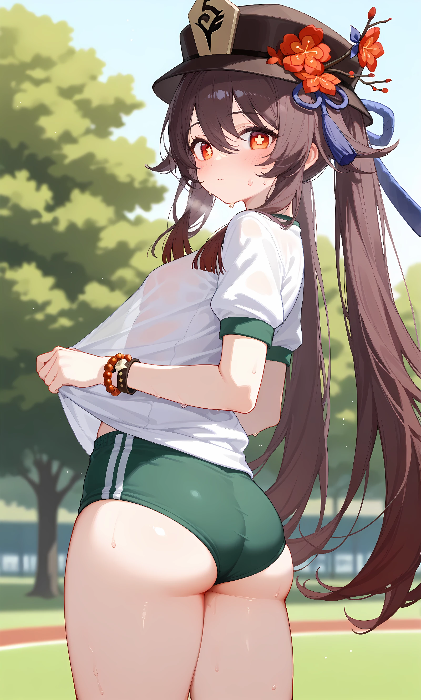 score_9, score_8_up, score_7_up, source_anime, 1girl, solo, outdoors, park, cowboy shot, looking at viewer, shiny skin, close-up, white shirt, short sleeves, gym uniform, green buruma, sweat, from side, hutao (genshin impact), long_hair, brown_hair, red_eyes, symbol-shaped_pupils, twintails, flower-shaped_pupils, very_long_hair,hair_between_eyes, hat, black_headwear, hat_flower, porkpie_hat, bead_bracelet