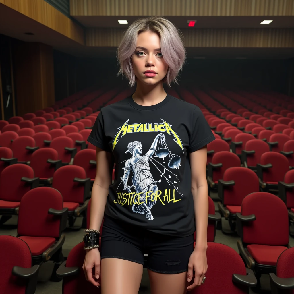 m3t4ll1c4, ultra realistic, ultra detailed textures ,ultra defined image.  a beautiful short haired woman wearing a metallica shirt, justice for all, in a concert hall. she's wearing black denim shorts and leather boots.