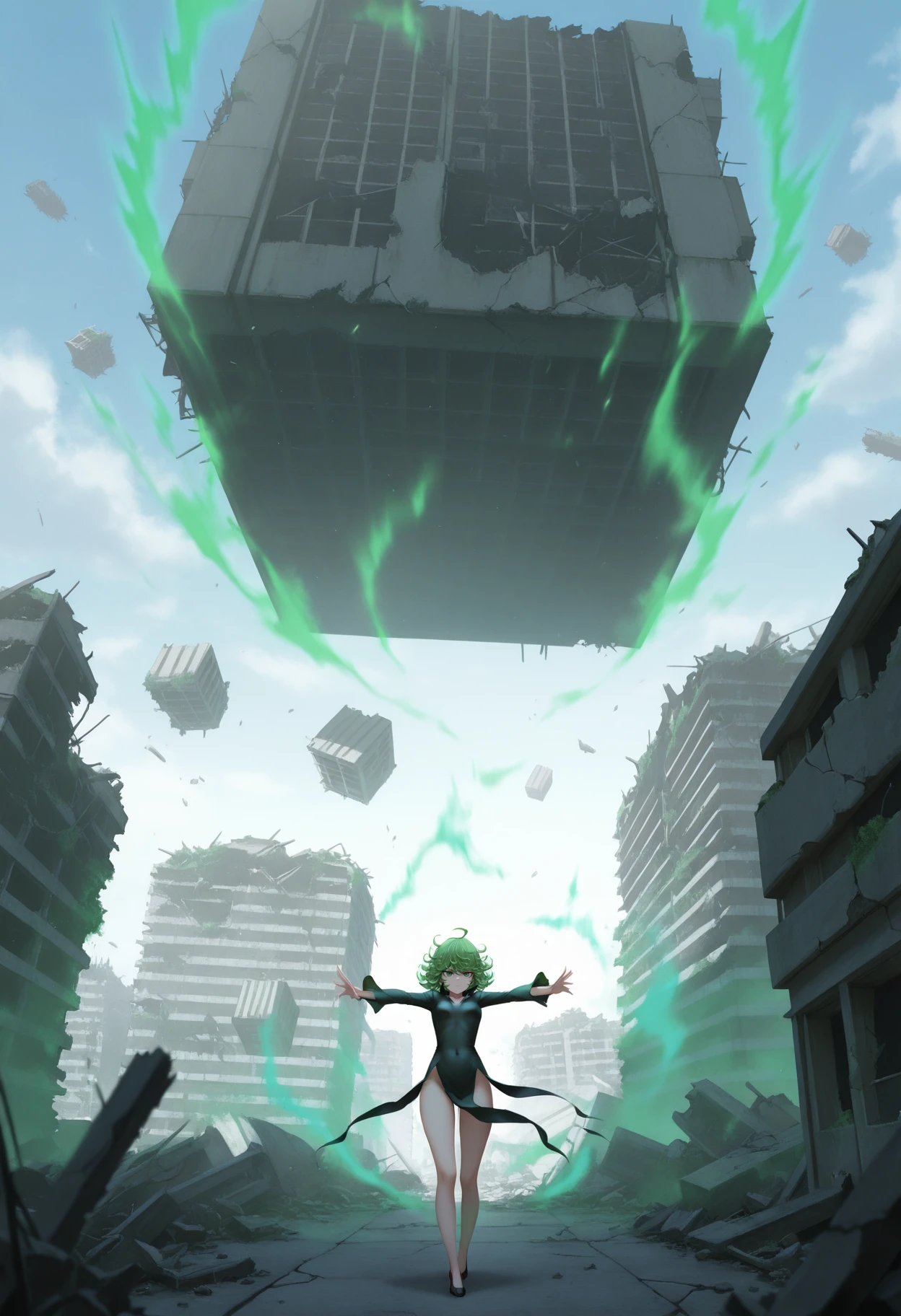 masterpiece, best quality, 2.5D,  
<lora:telekenesis [IL]:0.9> telekenesis,  building,  scenery, outstretched arms, green aura, (floating building, ruins, post-apocalypse), 
1girl, (solo,)  tatsumaki, one-punch_man, green_hair, green_eyes