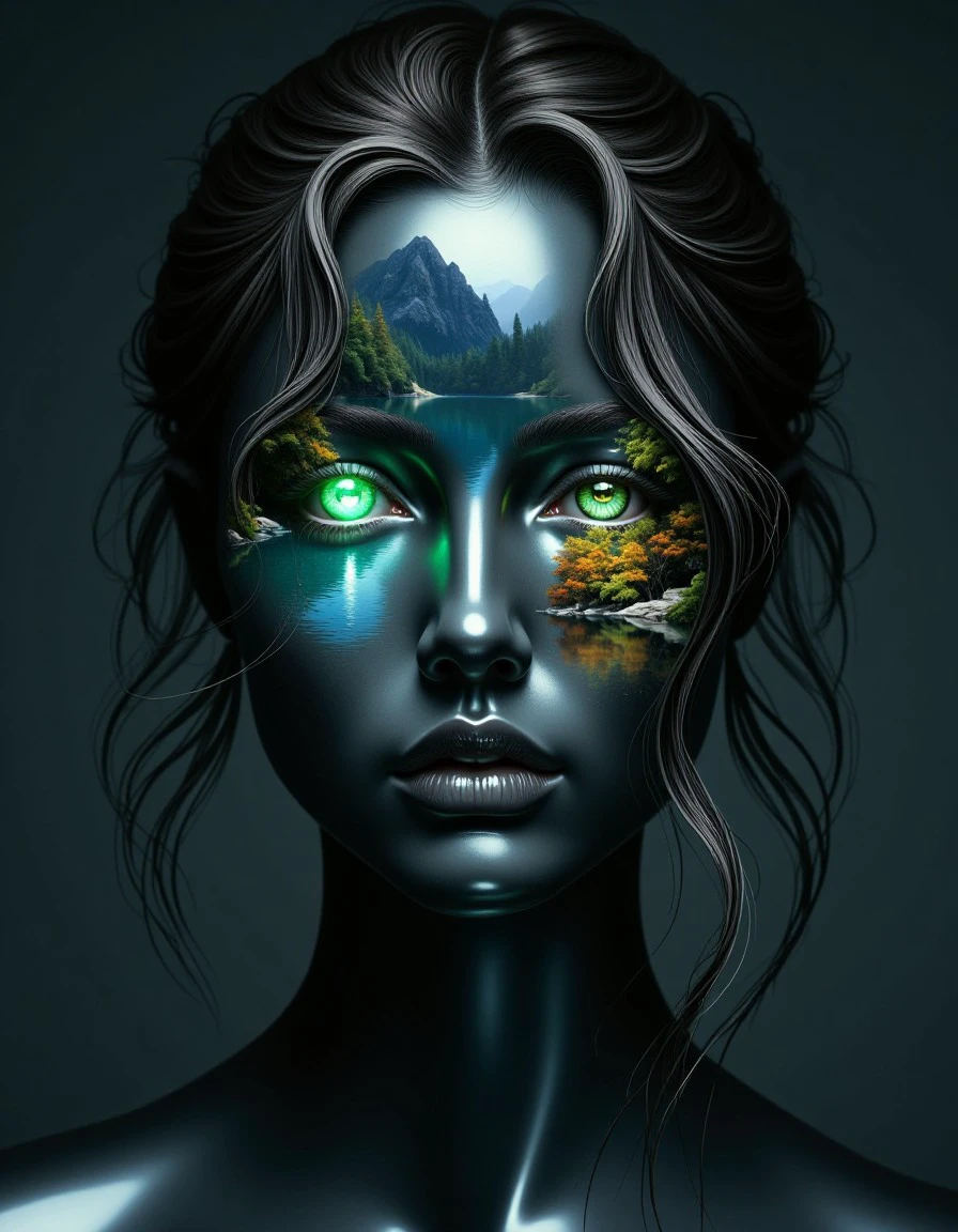 double-exposure. This is a highly detailed, digital artwork featuring a futuristic, surreal portrait of a woman. The subject is rendered in a hyper-realistic, glossy style with a metallic, almost mirror-like texture. Her face is a blend of human and digital elements. The woman's skin is a dark, reflective silver, giving her an otherworldly appearance. Her eyes, which are a striking, realistic green, are the focal point, reflecting a serene natural scene of a forest and a lake.