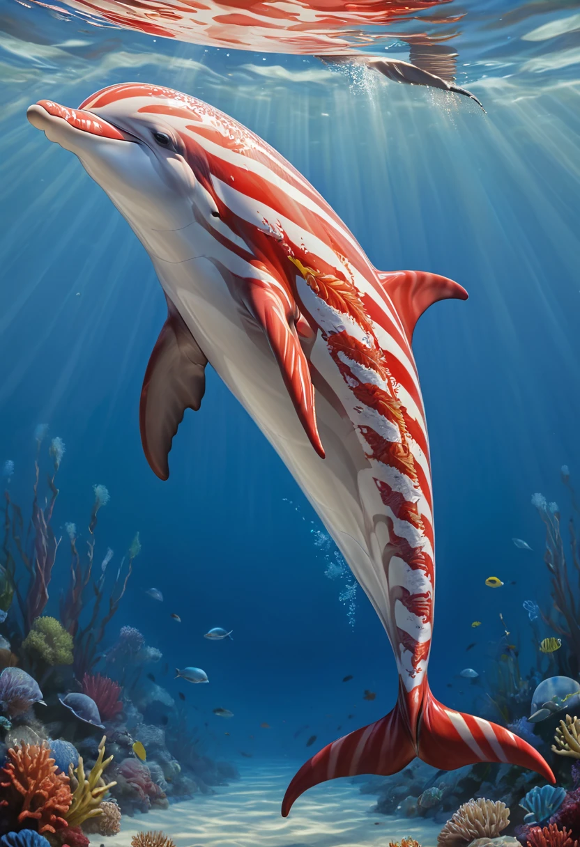 dolphin underwater, masterpiece, intricate, rnw_stripes, <lora:Red_n_White_Stripes:0.7>