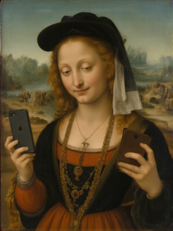 <lora:Renaissance Style:0.9> renaissance style painting of a woman taking a selfie with an iphone