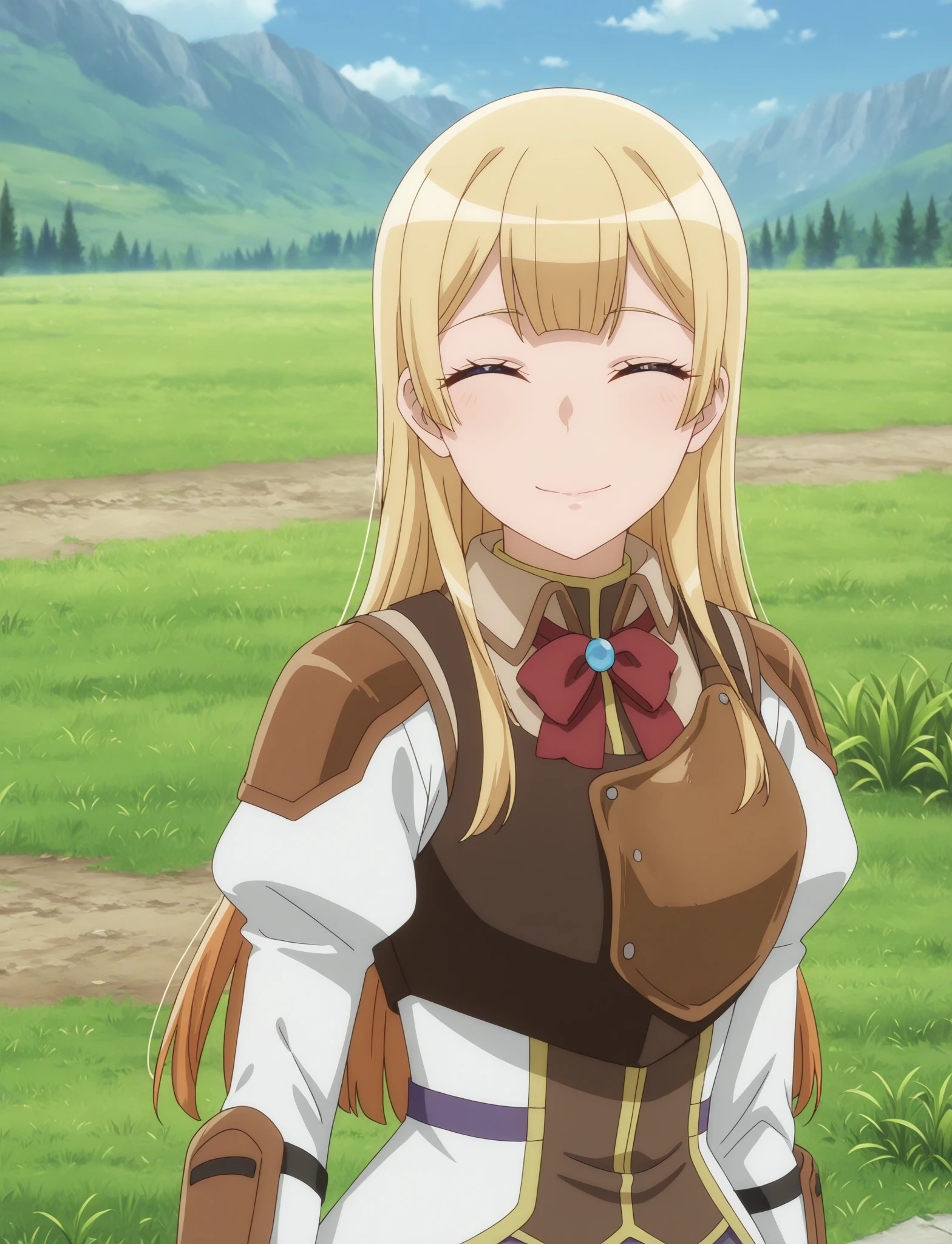 masterpiece, best quality, newest, absurdres, highres, anime screencap, 1girl, solo, <lora:MLF-Sif_ILL_epoch_12:1> sif-mlf, long hair, blonde hair, blue eyes, 
sif-tournament-outfit, breastplate, 
happy, closed mouth, closed eyes, outdoors, grass, looking at viewer,