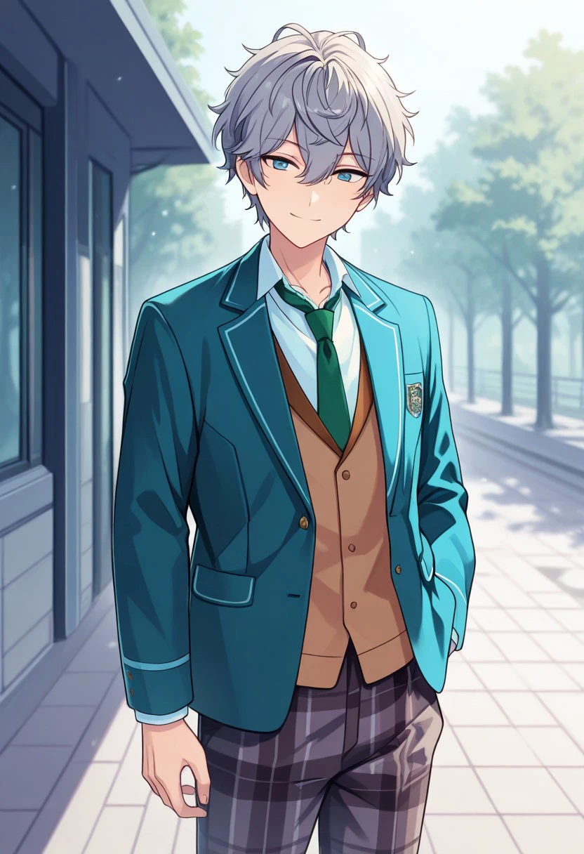 masterpiece, best quality, 
izumisena, 1boy, male focus, solo, blue eyes, grey hair, short hair, bangs, hair between eyes, school uniform, shirt, white shirt, collared shirt, necktie, green necktie, vest, brown vest, jacket, blazer, blue jacket, long sleeves, pants, plaid pants, smile
outdoor,