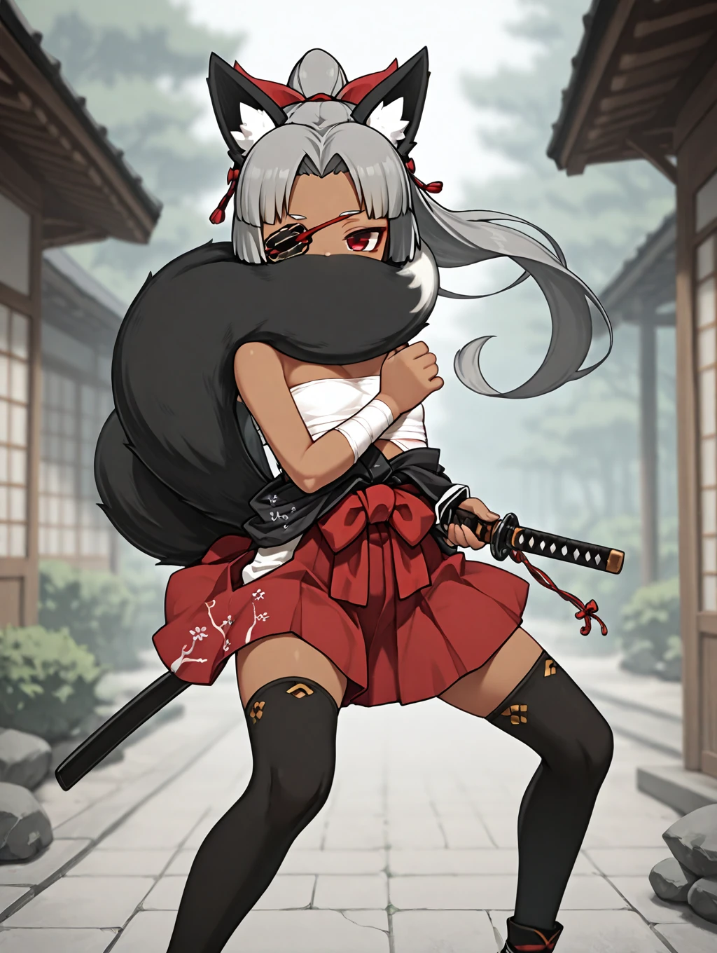 1girl, Izuna, grey hair, high-ponytail, red eyes, black fox ears, black fox tail, 4 tails, dark_skin, eyepatch, bandages, sarashi, red skirt, hair bow, red bow, tail over mouth, covered mouth, tail around head, black thighhighs,

expressionless, standing, ((dynamic pose)), outdoors, holding katana, fighting stance,

masterpiece, best quality,amazing quality, very aesthetic, absurdres, depth of field, blurry background, extremely detailed face, detailed eyes eyes,masterpiece,best quality,amazing quality