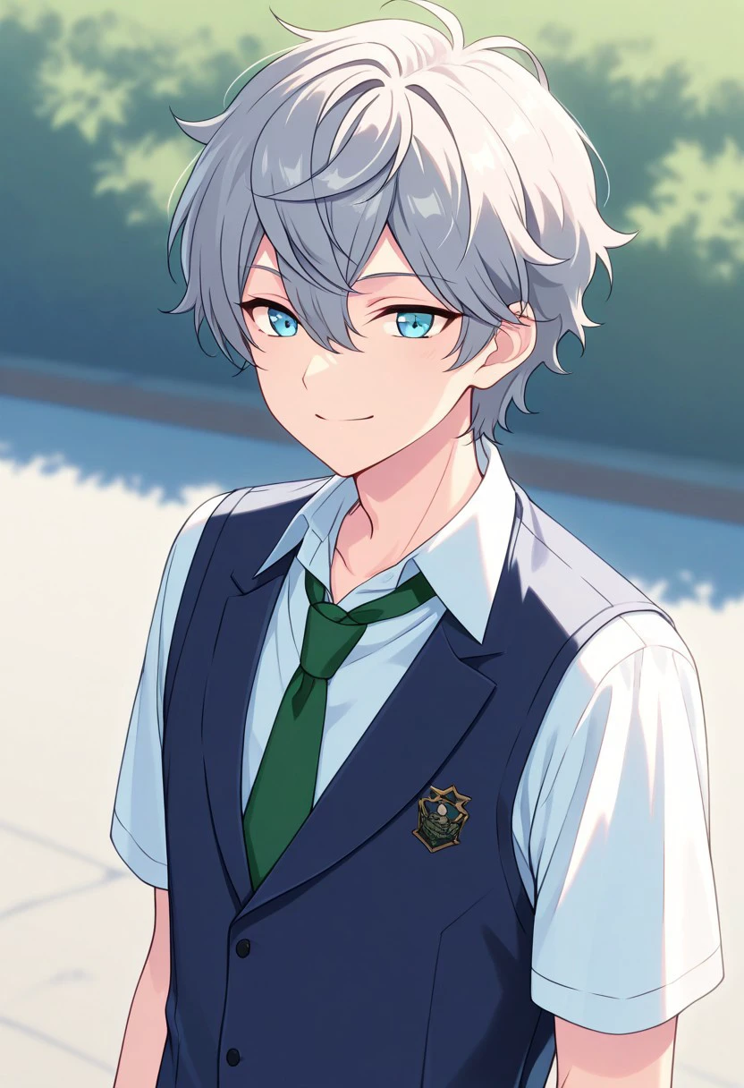 masterpiece, best quality, 
izumisena, 1boy, male focus, solo, blue eyes, grey hair, short hair, bangs, hair between eyes, shirt, white shirt, collared shirt, short sleeves, necktie, green necktie, vest, blue vest, smile
outdoor,