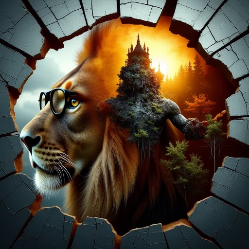 cracked surface with deep fissures, double-exposure. The image is a digital artwork featuring a majestic lion, surreal element. The subject is depicted in profile, wearing glasses and sporting a full white beard. His face is intricately layered with intricate textures and patterns, their trunks and foliage creating a natural, fiery contrast., serene setting., hybrid creature with a cityscape. The creature