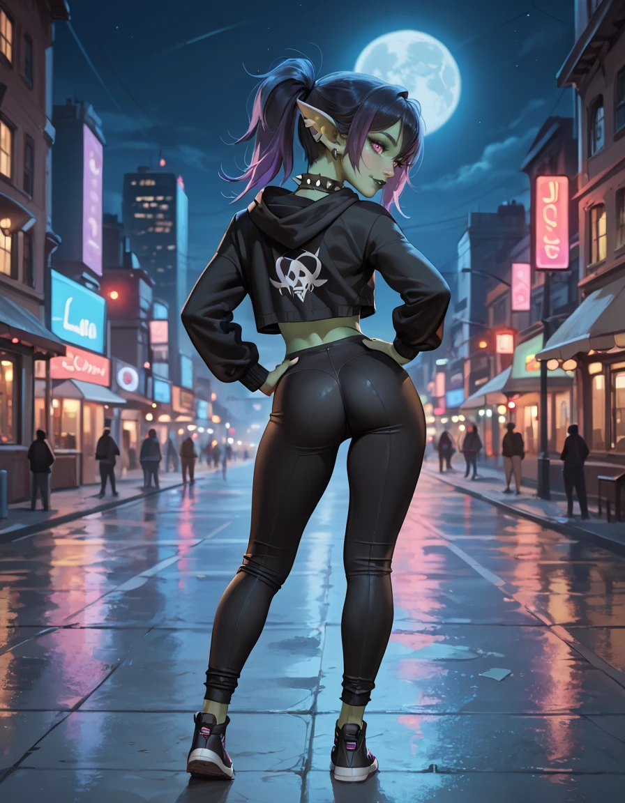 score_9,score_8_up,score_7_up,score_6_up,
outdoors,city,night,night sky,full moon,
full body,seductive smile,parted lips,long eyelashes,
shiny black spandex pants,hoodie,from behind,hands on own hips,
<lora:Lolla_v01_PDXL:1>,Lolla,1girl,solo,goblin girl,gothic,green skin,long pointy ears,earings,multicolored hair,black hair,purple hair,ponytail,bangs,hair between eyes,pink eyes,spiked choker,black lips,
<lora:add-detail-xl:1>,