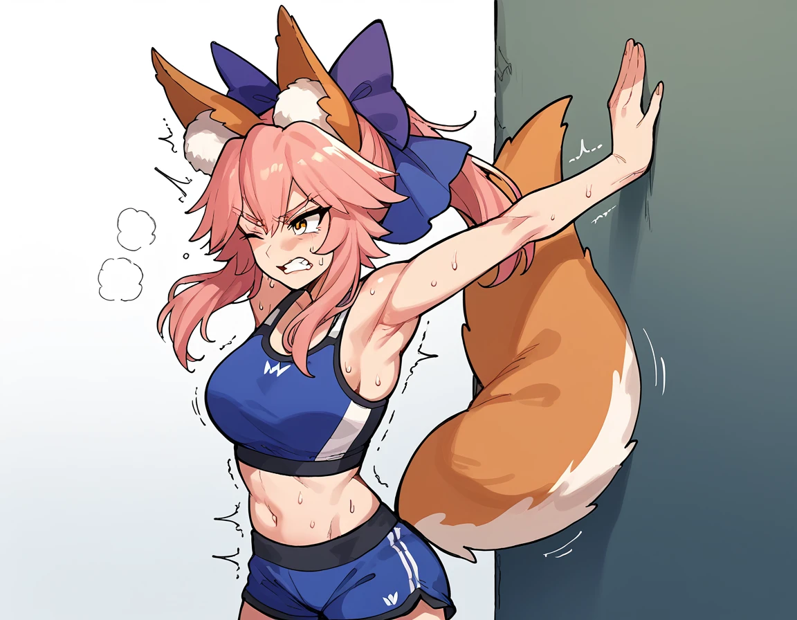 score_9, score_8_up, score_7_up, source_anime, <lora:tamamo-no-mae-ponyxl-lora-nochekaiser:1>, tamamo, animal ear fluff, animal ears, fox ears, fox girl, fox tail, hair ribbon, pink hair, tail, yellow eyes, mature female, <lora:pushing-ponyxl-lora-nochekaiser:1>, pushing, stretching, outstretched arms, against wall, from side, struggling, trembling, clenched teeth, sweat, exercise, one eye closed, sports bra, sportswear, midriff, navel, shorts, solo,