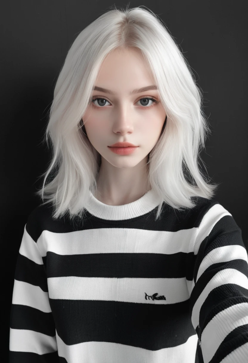 score_9, score_8_up, score_7_up, score_6_up, rsgrl, russian girl, cute russian girl, 1girl, solo, looking at viewer, striped, white hair, sleeves past wrists, upper body, long sleeves, realistic, lips, sweater, striped shirt, medium hair, striped sweater, black eyes, grey eyes, closed mouth, shirt, young