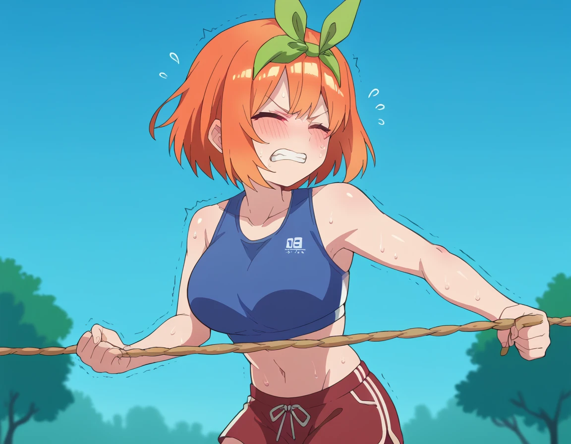 score_9, score_8_up, score_7_up, source_anime, <lora:yotsuba-nakano-s2-ponyxl-lora-nochekaiser:1>, yotsuba nakano, bangs, short hair, hair ribbon, hairband, orange hair, green ribbon, large breasts,, <lora:tug-of-war-ponyxl-lora-nochekaiser:1>, tug of war, flying sweatdrops, pulling, outdoors, rope, struggling, trembling, teeth, sweat, closed eyes, , sports bra, sportswear, midriff, navel, shorts, solo,