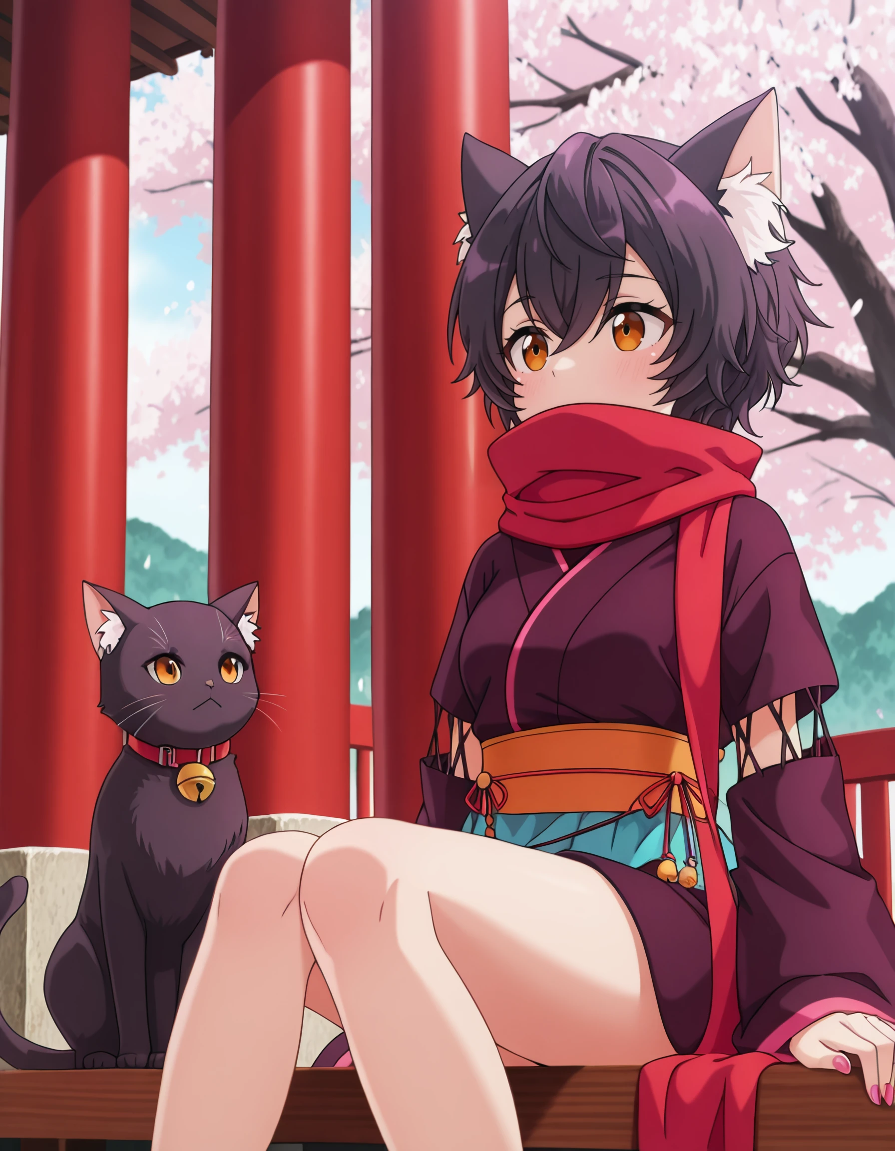 <lora:origa_calmeria_il:1> origa_calmeria, short_hair, black_hair, cat_ears, animal_ear_fluff, hair_between_eyes, brown_eyes, orange_eyes, japanese_clothes, red_scarf, kimono, sash, 1girl, bell, breasts, cherry_blossoms, collar, long_legs, pink_nails, sitting, speed_lines, lower_body, zoo, masterpiece, detailed, best_quality