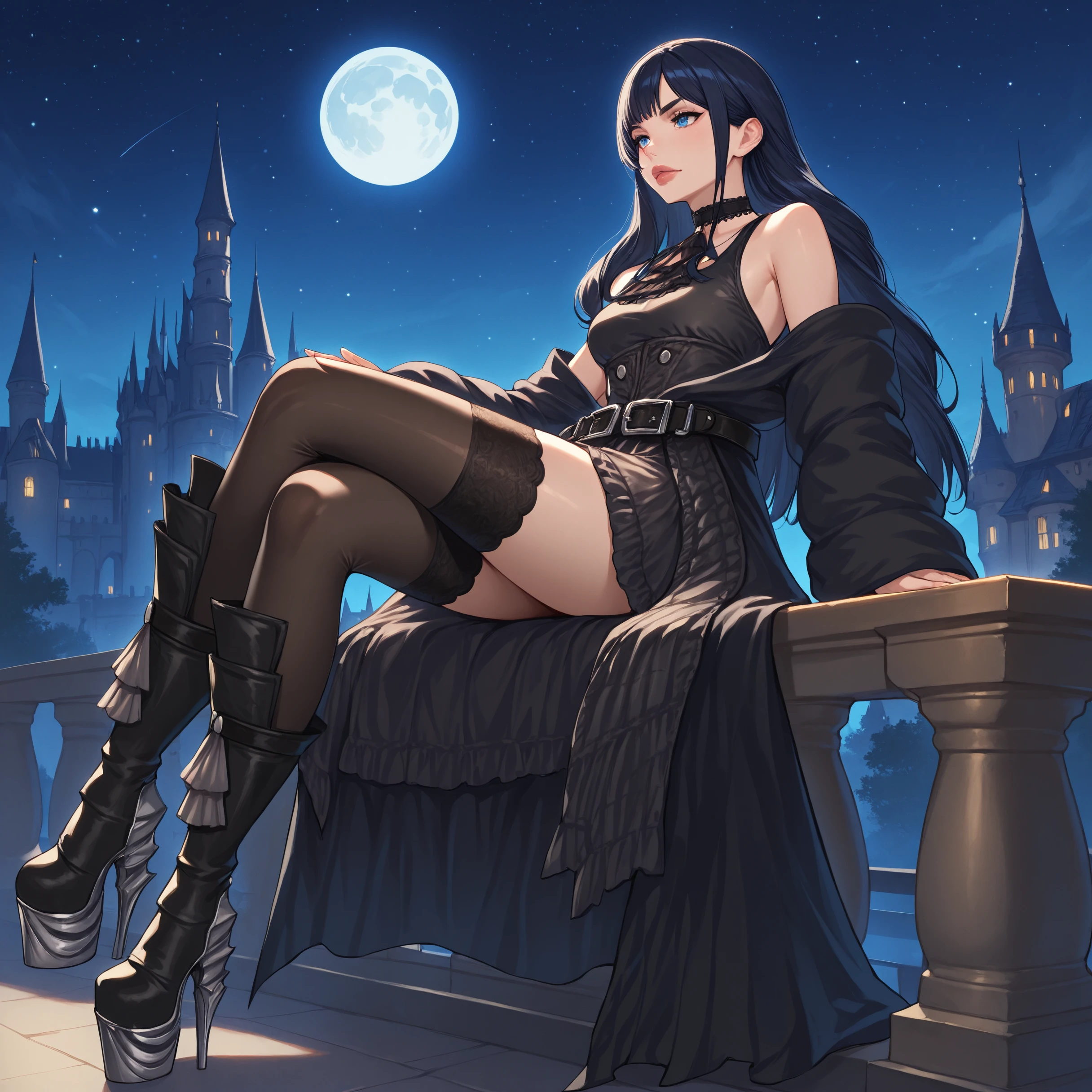 masterpiece, best quality, full body, 1girl, starry sky, full moon, reclining, crossed legs,  sitting, on rail,, castle, balcony, 
gaia_xiv, blue eyes, lips, black hair, black dress, boots, choker, belt, black thighhighs, bare shoulders, off shoulder, detached sleeves, platform footwear,  
 <lora:Gaia_IL:1>