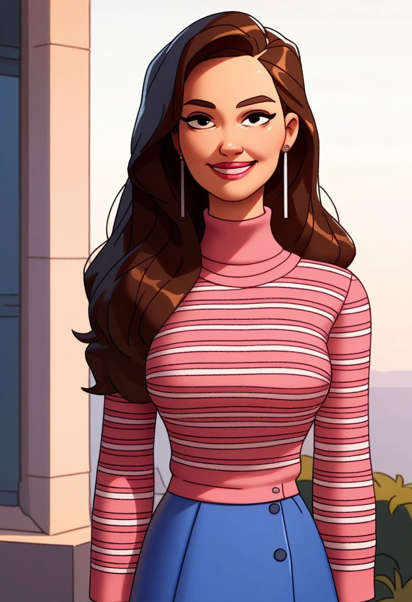 standing cleavage, looking at viewer, smile, upper body, outdoors, score_9, score_8_up, score_7_up, score_6_up, high quality, Shannon_ad, 1girl, solo, brown hair, earrings, long hair, lipstick, medium breasts, pink sweater, striped shirt, long sleeves, blue skirt, pink footwear