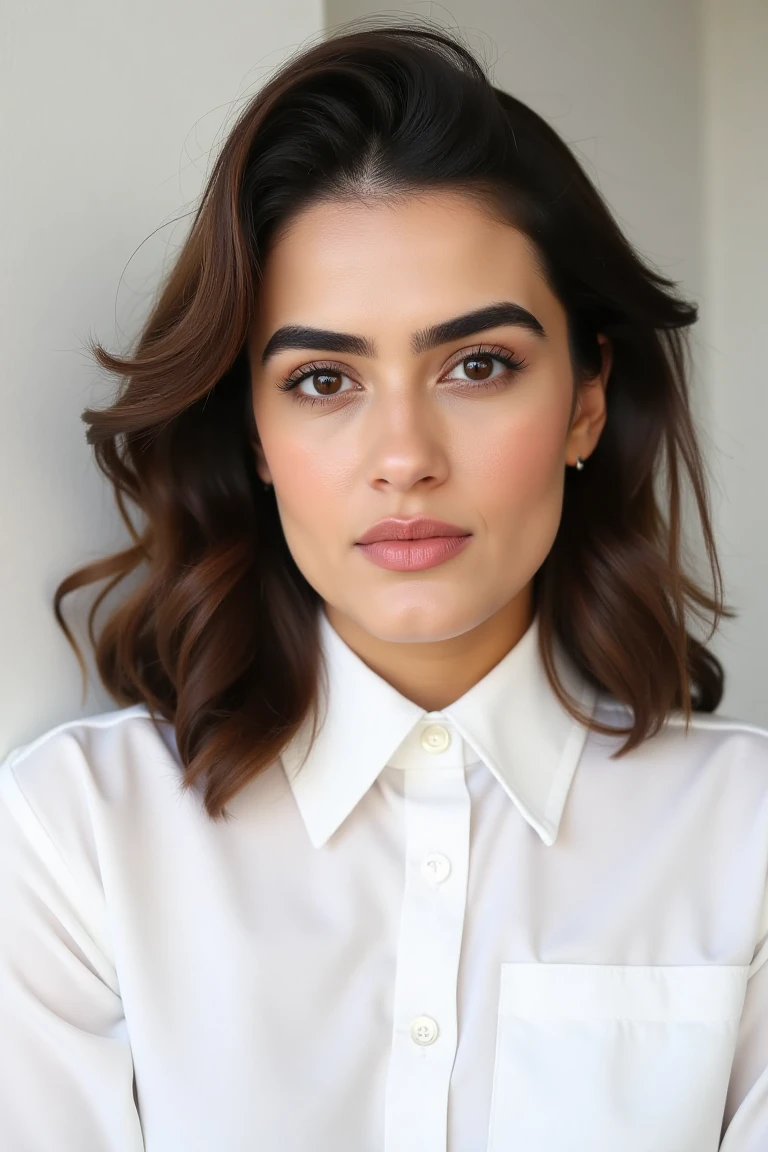 High quality realistic beauty shot of kavyatflx. A close-up shot of a woman. She is wearing a white uniform shirt. Her lips are light red color. Her hair is volumnous. The backdrop is a white wall.