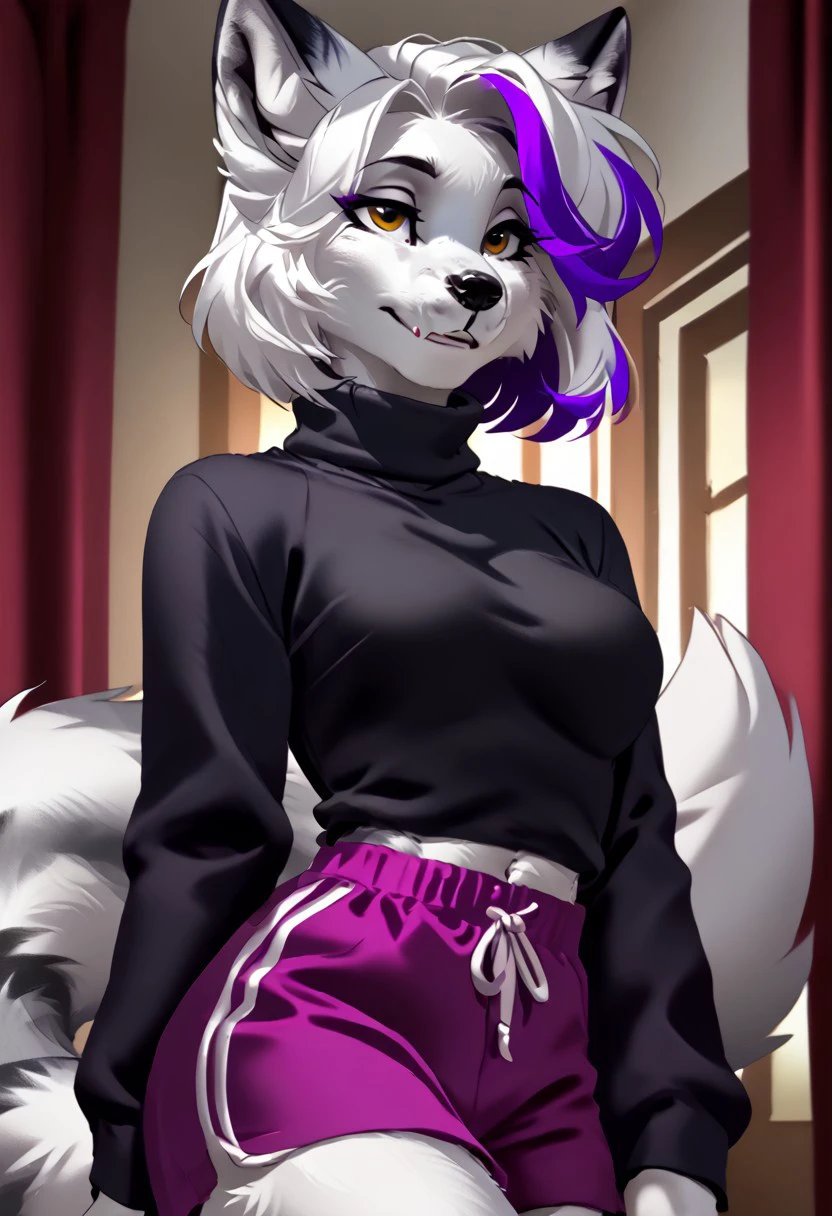 score_9, score_8_up, score_7_up, (by zummeng:1.5), (by jailbird:1.5), (by kittydee:1.5), masterpiece, best quality, (solo),
(Furry Art : Anthro :canadian marble fox:1.5), 1girl, expressive eyes, feminine eyes, perfect face, feminine face, (white hair with purple highlights:1.5), (bob cut:1.5), feminine body, medium breasts, vulpes, canine, white fur, black fur markings, grey fur markings, (black turtleneck shirt:1.5), (shorts), (yellow eyes),