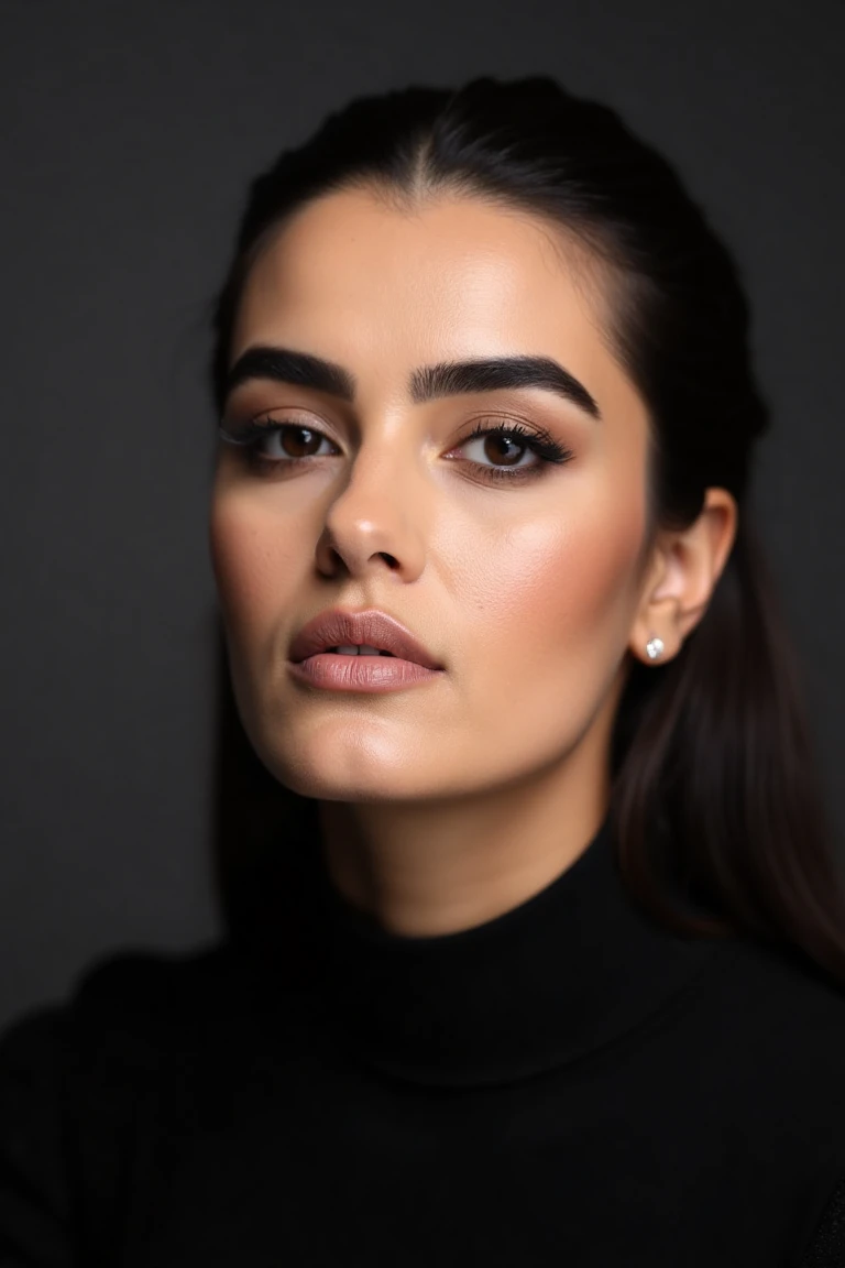 Create a close-up, high-fashion portrait of a woman with striking eyes and a calm, confident expression. She wears a sophisticated black outfit that exudes elegance and minimalism. The background is a smooth gradient of dark gray, enhancing the overall refined and contemporary aesthetic. The lighting is soft yet directional, highlighting her flawless complexion and subtle makeup, with a focus on her eyes and cheekbones. The mood of the portrait is polished, modern, and artistic.