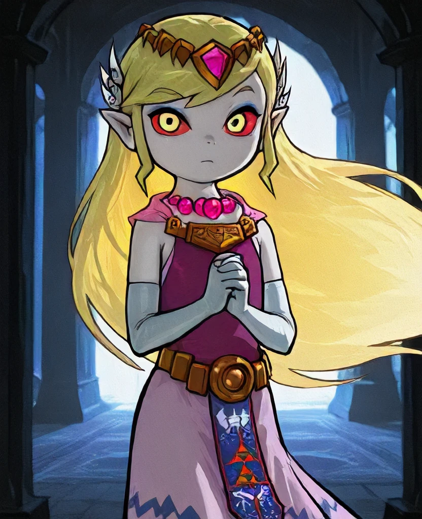 masterpiece, best quality, amazing quality, very aesthetic, absurdres, newest, scenery, WindWakerStyle, 1girl, solo, Toon Zelda, cowboy shot, , intense stare, looking at viewer, yellow eyes, red sclera, pale skin, dress, hands clasped together, elbow gloves, head ornaments, jewelry, eyeshadow, dark throne room background, dark, detailed background, nmasterpiece, best quality, amazing quality, very aesthetic, absurdres, newest, scenery, volumetric lighting