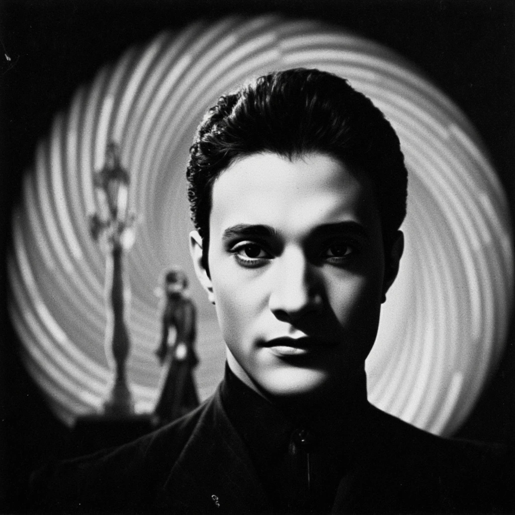 cinematic film still of  <lora:Mohammed Abdel Wahab v1:0.9>
1930's Mohammed Abdel Wahab a  young man with a face in a glowing spiral sci fi scene, Mehammad Abdelwehab style, solo, looking at viewer, short hair, monochrome, greyscale, portrait, science fiction, parted lips, scar, scar on face, reflection, sci fi, bizarre, shallow depth of field, vignette, highly detailed, high budget, bokeh, cinemascope, moody, epic, gorgeous, film grain, grainy