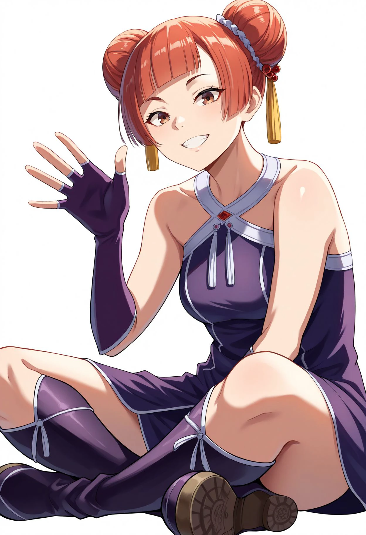 masterpiece, best quality, white background, grin, sit, indian style, looking the viewer, smile, waving hands,
 <lora:Lauffen illu:1> laufen,short hair,double bun,blunt bangs,hair ornament,brown eyes,bare shoulders,halterneck,ribbon,dress,purple dress,sleeveless,elbow gloves,purple gloves,fingerless gloves,boots,knee boots