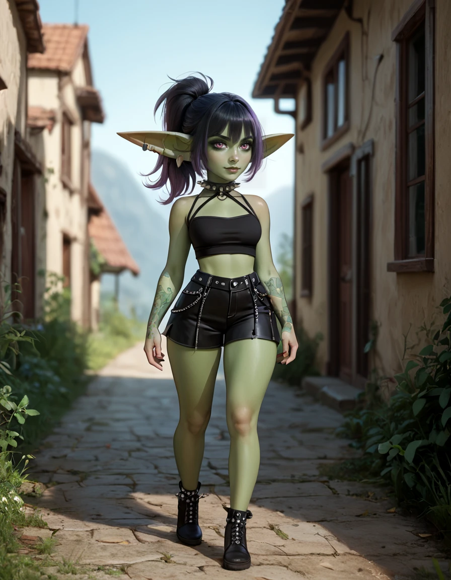 score_9,score_8_up,score_7_up,score_6_up,
outdoors,
full body,seductive smile,parted lips,long eyelashes,
<lora:Lolla_v01_PDXL:1>,Lolla,1girl,solo,goblin girl,gothic,green skin,long pointy ears,earings,multicolored hair,black hair,purple hair,ponytail,bangs,hair between eyes,pink eyes,spiked choker
<lora:add-detail-xl:1>