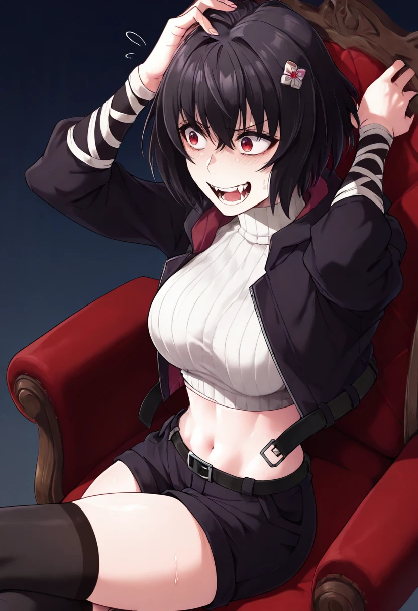 masterpiece, best quality, amazing quality, very aesthetic, absurdres, volumetric lighting, newest, 1girl, solo girl, sitting on chair, cowboy shot, from above, strait on, crossed legs, 
<lora:Nea:1> Nea, white hair ornament,  black hair, midriff, turtleneck sweater, red eyes, shorts, thighhighs, short hair, navel, black shorts, black belt jacket, fangs, rubbing her own head, sweat drops, nervous laughing, medium breasts, looking away, looking to the left, 
masterpiece, best quality, amazing quality, very aesthetic, absurdres,  newest,