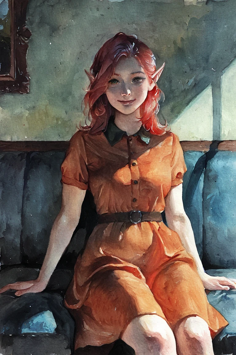 masterpiece, best quality, highres, newest, traditional media, realistic, watercolor \(medium\), elf, pointy ears, red hair, medium hair, green eyes, orange dress, collared dress, medium dress, short sleeves, smile, 1girl, solo, looking at viewer, cowboy shot, sitting, on couch, blue couch, indoors, living room <lora:Green Patina [LoRA] - NoobAI-XL EPS 1.0:0.8>