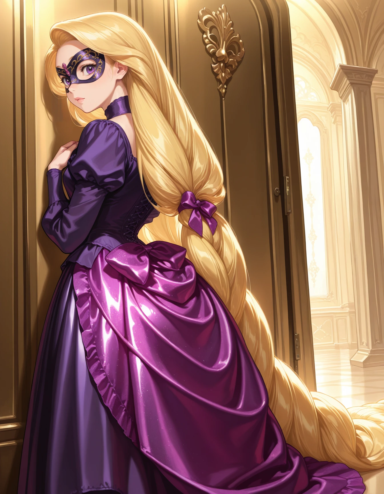 1girl, solo, rapunzel,from behind, looking back, purple gown, shiny satin fabric, sash, bustle skirt, from side, looking at viewer, peeking out, hand on chest, grand hall, masquerade mask masterpiece, best quality, very aesthetic, newest