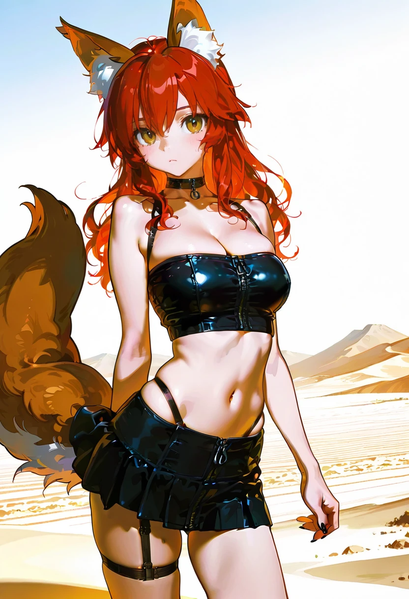 1girl,solo,looking at viewer,ikeda ruriko, desert,echo lingerie, skirt, zipper, choker, midriff, tamamo_cat_(fate)