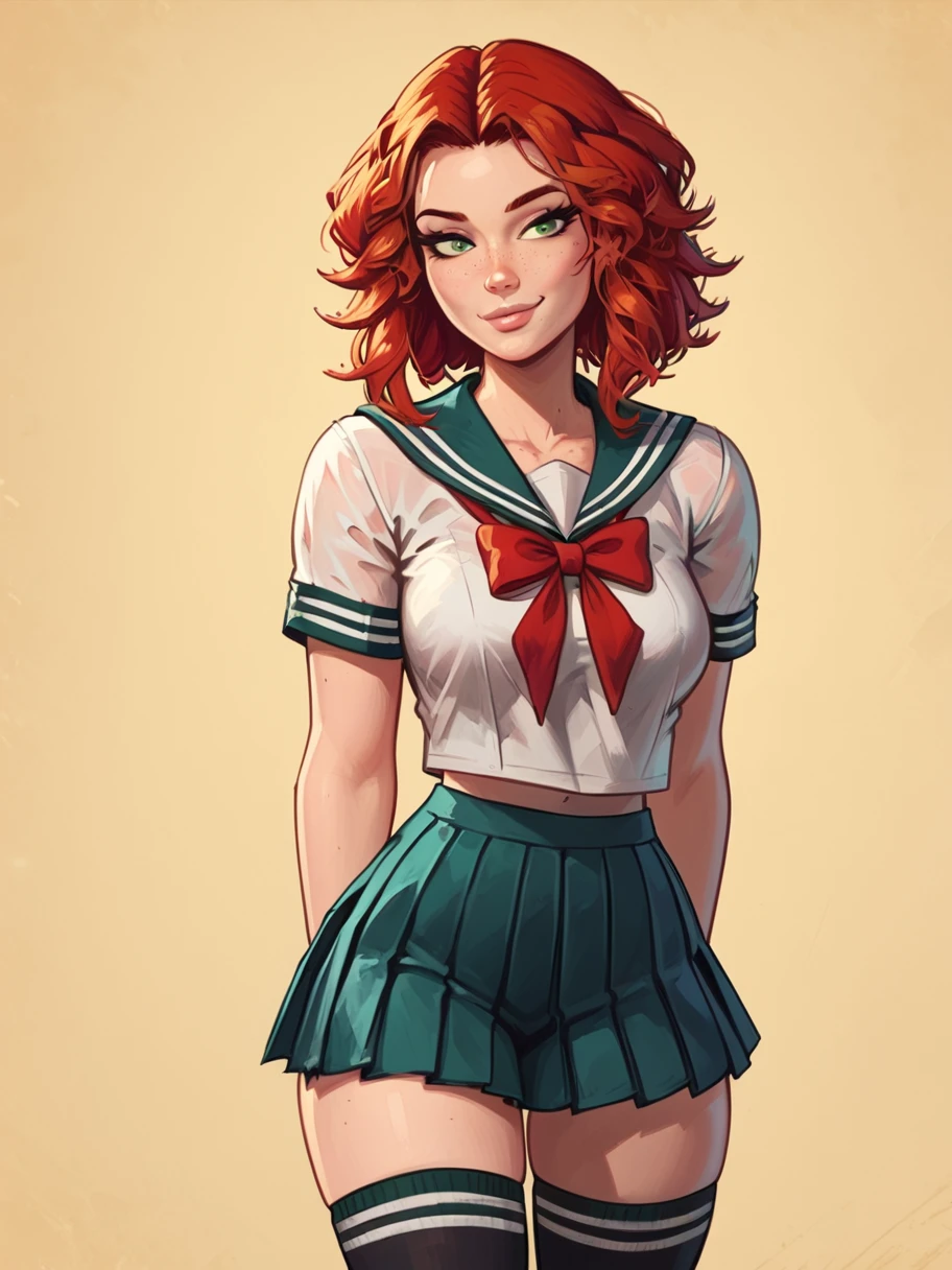 easynegative, zPDXL,  1girl, solo , cowboy shot, ,facing the viewer, looking at the viewer, smug, cartoon, source_cartoon
<lora:Hannah_The_Genesis_Order_Pony:1> hannahgo, red hair, green eyes, lips, freckles, pale skin,
sailor uniform, pleated skirt, thigh high socks
<lora:raichiyo33XLP:.55> raichiyo33 <lora:bp4rtXLP:.55> <lora:Expressive_H:.65>expressivehâââ