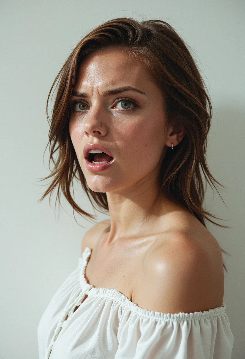 from the side,profile headshots, multiple angles,photoshoot poses; the image is a portrait of a young woman. she is standing. she has piercing eyes. She is wearing a white off-the-shoulder blouse with ruffled sleeves. She has angry look on her face. she is yelling. The background is a simple white wall. The overall mood of the image is angry and frustrated.RAW candid cinema,16mm,color graded portra 400 film,remarkable color,ultra realistic,textured skin,remarkable detailed pupils,realistic dull skin noise,visible skin detail,skin fuzz,dry skin,shot with cinematic camera,detailed skin texture,(blush:0.2),(goosebumps:0.3),subsurface scattering,beautiful photograph in the style of Augustus John,Sergio Toppi,Virginia Frances Sterrett,8k HD,detailed skin texture,ultra realistic,textured skin,analog raw photo,cinematic grain,whimsical.perfection style