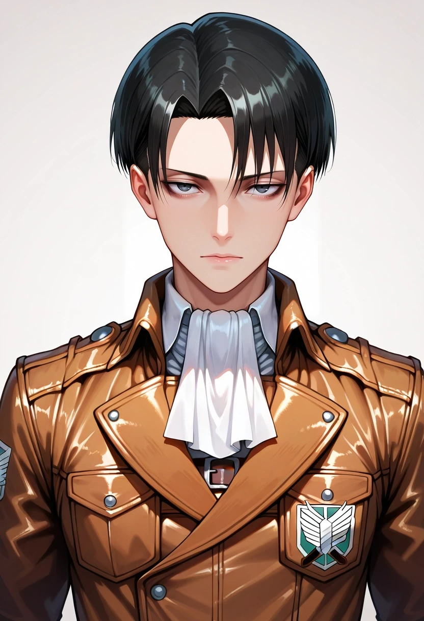 masterpiece, best quality, intricate details, semi-realistic, looking at viewer, , 1boy, solo, male focus, <lora:levi_ackerman_ilxl:0.9>, levi_ackerman, black hair, black eyes, short hair, curtained hair, paradis military uniform, ascot, , , leather jacket,