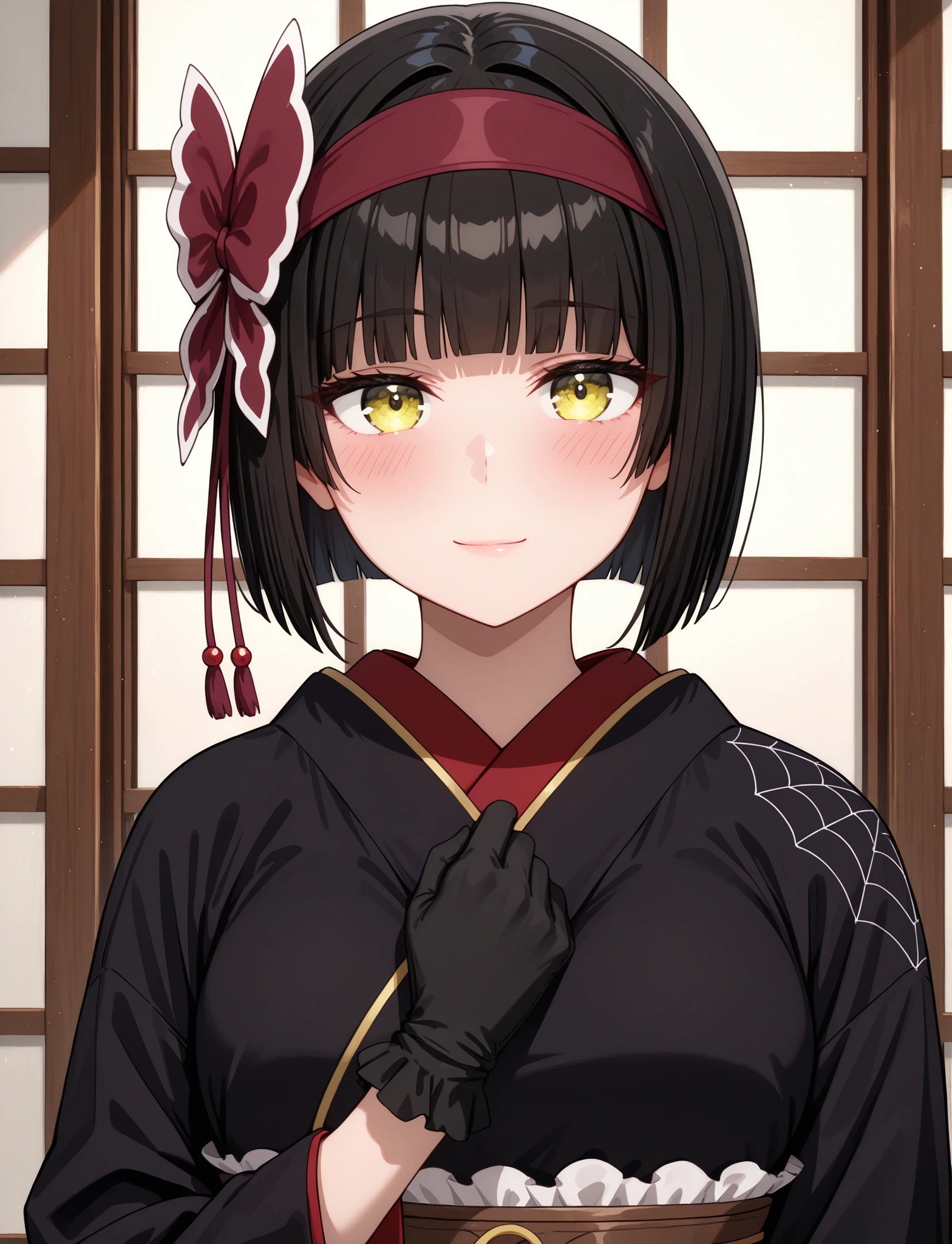 masterpiece, best quality, newest, absurdres, highres, 1girl, solo, <lora:MLF-Mio_ILL_epoch_12:1> 
mio-mlf, black hair, short hair, blunt bangs, bob cut, bangs, yellow eyes, 
japanese clothes, kimono, bow, black gloves, 
blush, hand on own chest, clenched hands, light smile, looking at viewer,