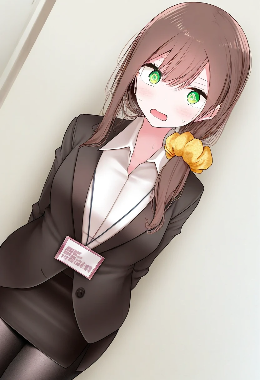 1girl, office lady, solo, @_@, green eyes, pantyhose, skirt, brown hair, long hair, shirt, pencil skirt, jacket, breasts, hair scrunchie, white shirt, scrunchie, black pantyhose, collared shirt, blush, dutch angle, arms behind back, looking at viewer, hair ornament, sweat, open mouth, indoors, black jacket, sweatdrop, black skirt