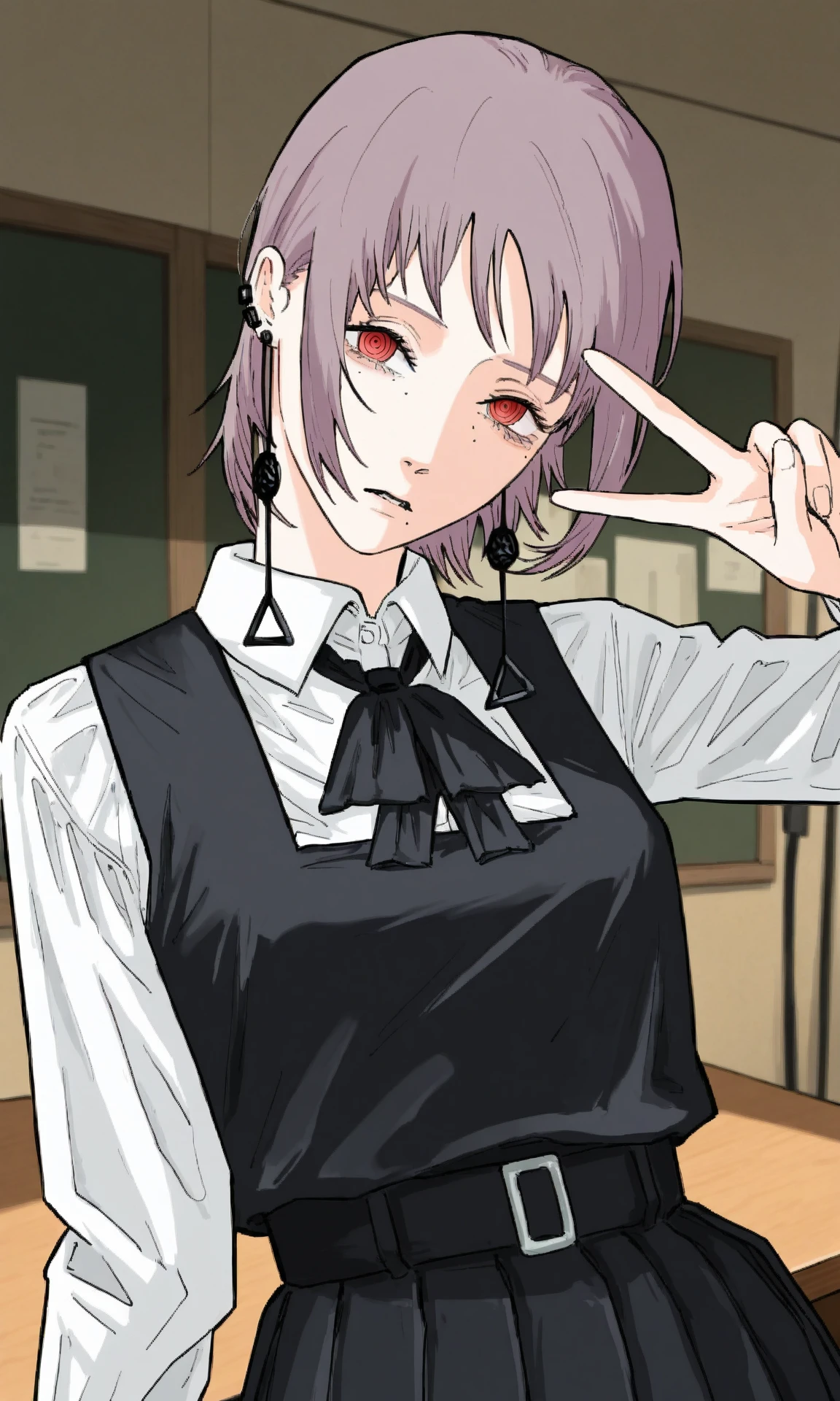 fami \(chainsaw man\), 1girl, short hair, tassel earrings, ringed eyes, red eyes, purple hair, goodearrings, head tilt, ear piercing, pinafore dress, school uniform, parted lips, collared shirt, neck ribbon, sleeveless dress, v, hand up, upper body, interior, indoors, table, leaning back, standing, (masterpiece, best quality, very awa:1.0), recent, year 2024