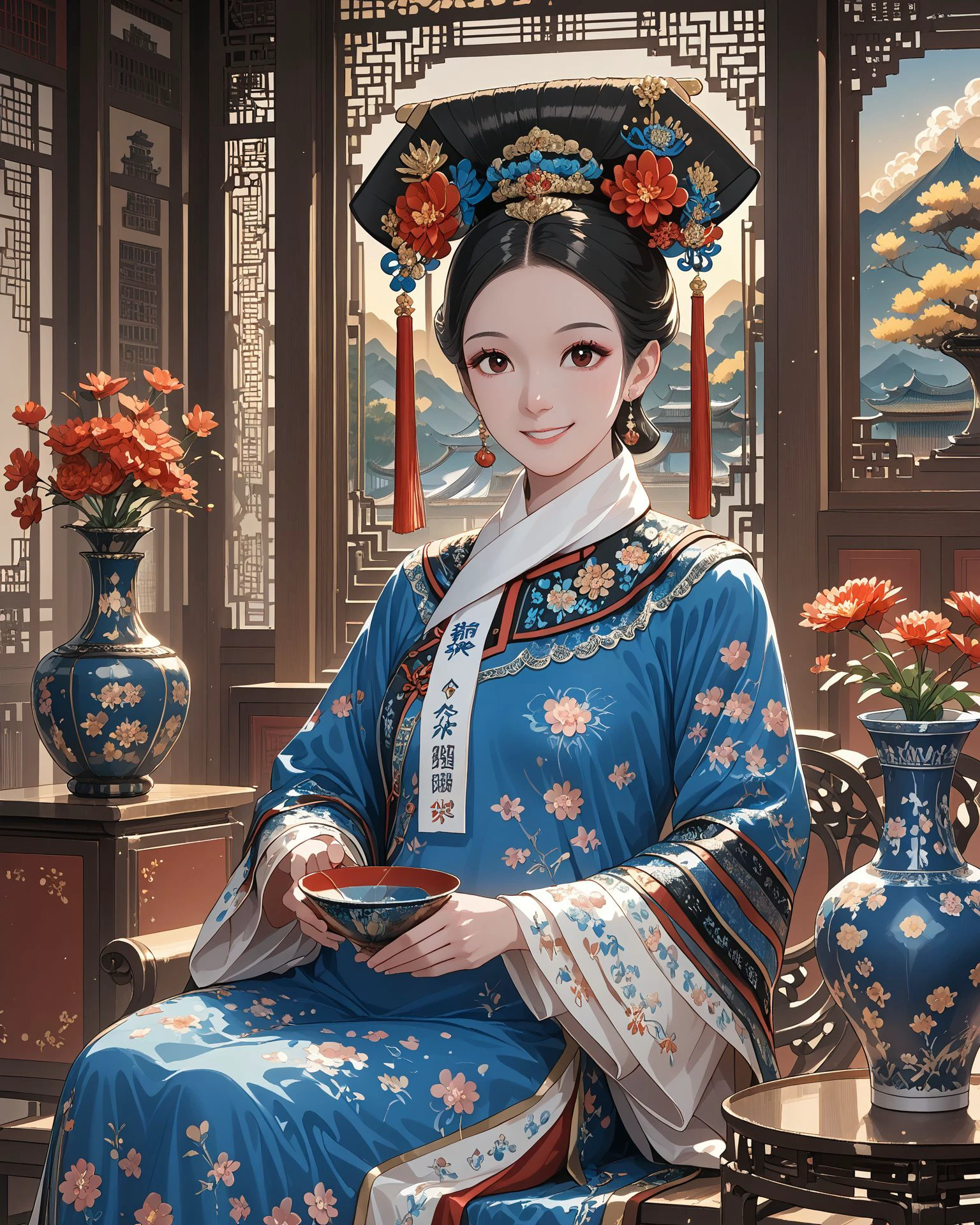 1girl, qingfa, (qingfa scarf), holding a vase, ornate clothing, flowers, asian sitting room, wood panel wall, red and blue clothing, light_smile, intricate patterned fabric, brocade, jacquard fabric, masterpiece, highest quality, absurdres, digital art, very detailed, score_9, score_8_up, score_7_up, evening,   <lora:CMRNM:1> CMRNM,  <lora:QingFashion_XL_V3:1>