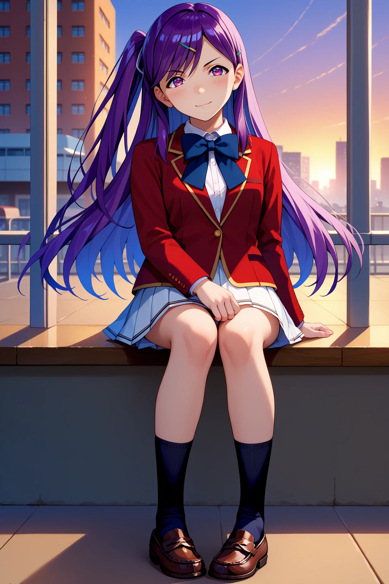 score_9, score_8_up, score_7_up, score_6_up, source_anime, 1girl, solo, <lora:kamuromasumi-pdxl-nvwls-v1_1-000005:1> hskamuro, one side up, purple hair, long hair, purple eyes, hairclip, red blazer, black bowtie, white miniskirt, pleated skirt, black socks, loafers, full body, looking at viewer, light smile, blush, city, lamppost, sunset
