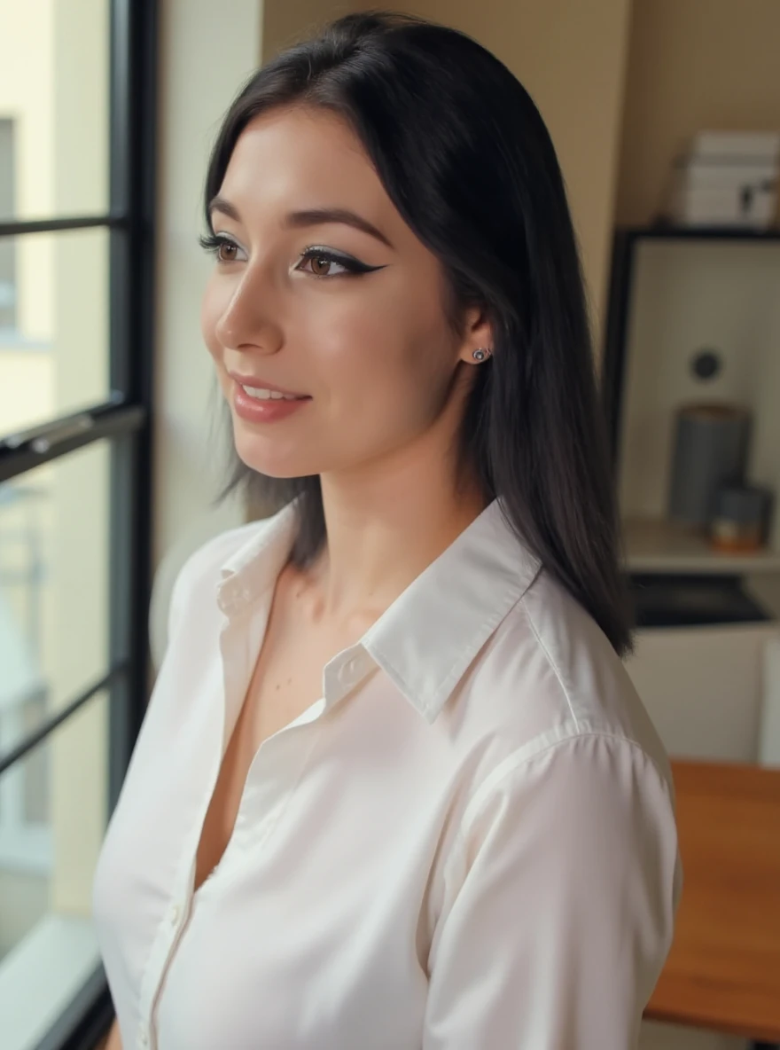 portrait of y0ur_d3sss3rt woman, on a office, glass window, serene and warm, natural lighting, soft focus, high-resolution, elegant and introspective atmosphere, quiet sophistication, wearing a white shirt all buttons closed, slight smile, makeup

