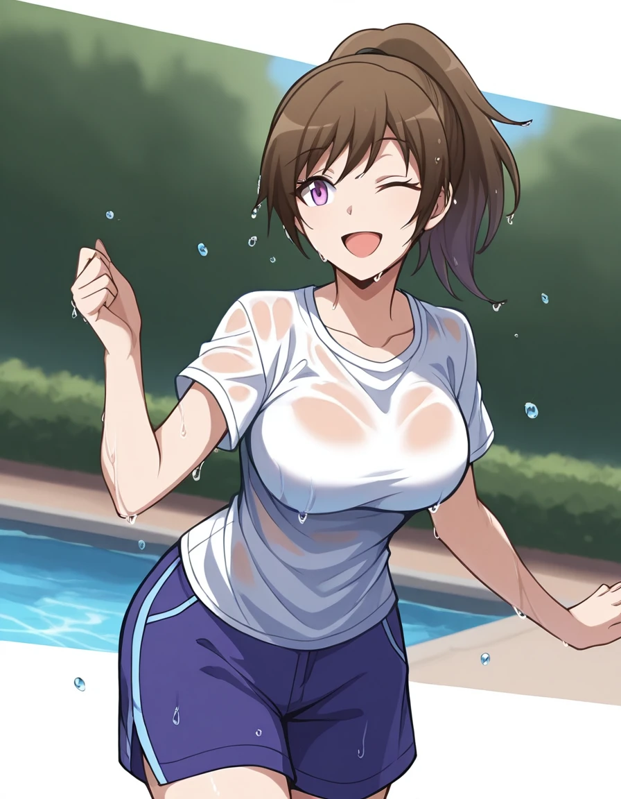 masterpiece, best quality, 1girl, <lora:Toka_Yada_IL_v2:1>, yadatoka, aged up, brown hair, high ponytail, purple eyes, white shirt, large breasts, blue shorts, wet clothes, one eye closed, smile, open mouth, wet, outstrechted arms, water, water drop, garden