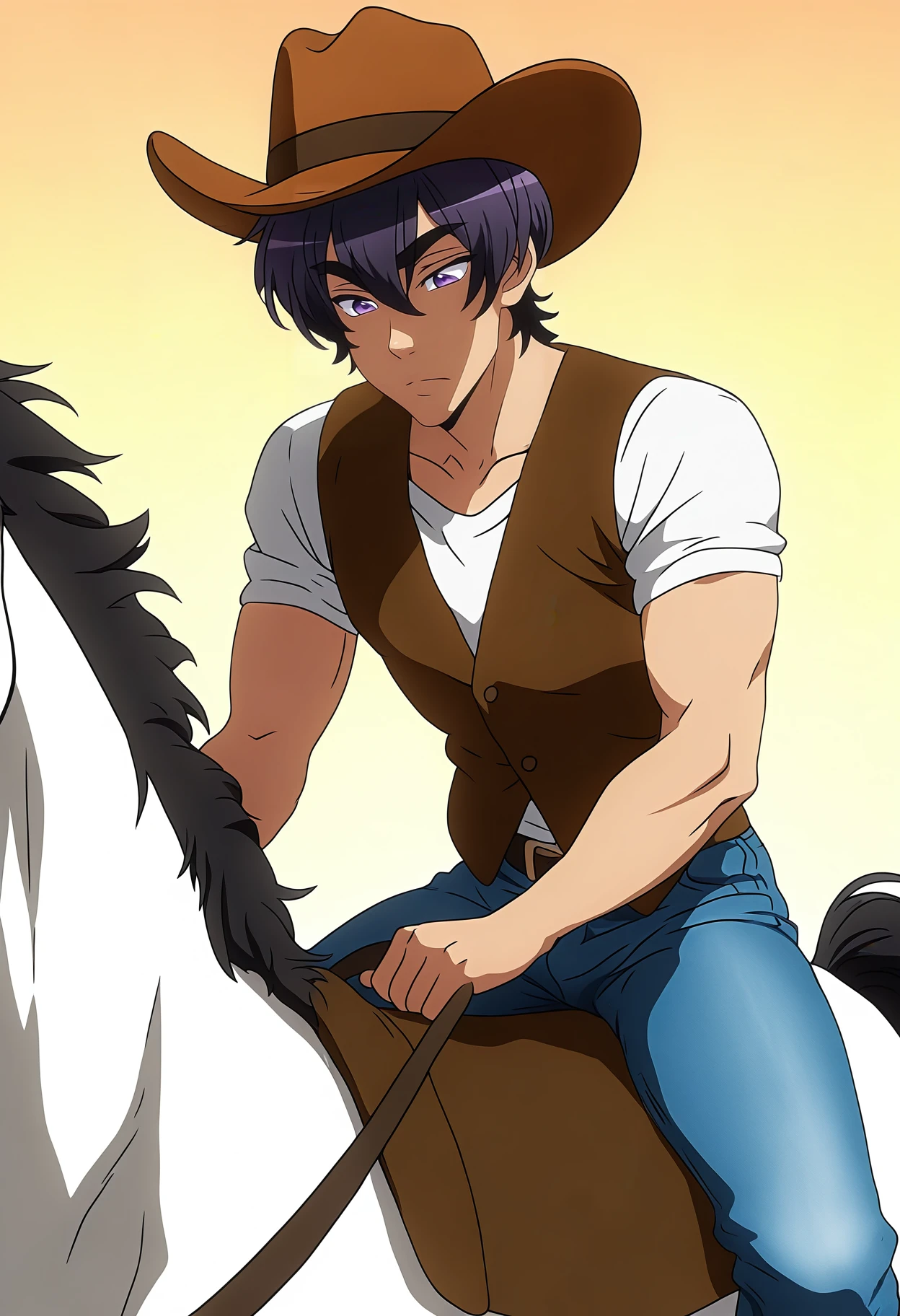 masterpiece, best quality, 1boy, solo, <lora:NSIchijoRyomaLoveStage:1> NSIchijoLuvStaig, black hair, purple eyes, hair between eyes, cowboy hat, jeans, brown vest, white t-shirt, cows, herding, riding horse, outdoors