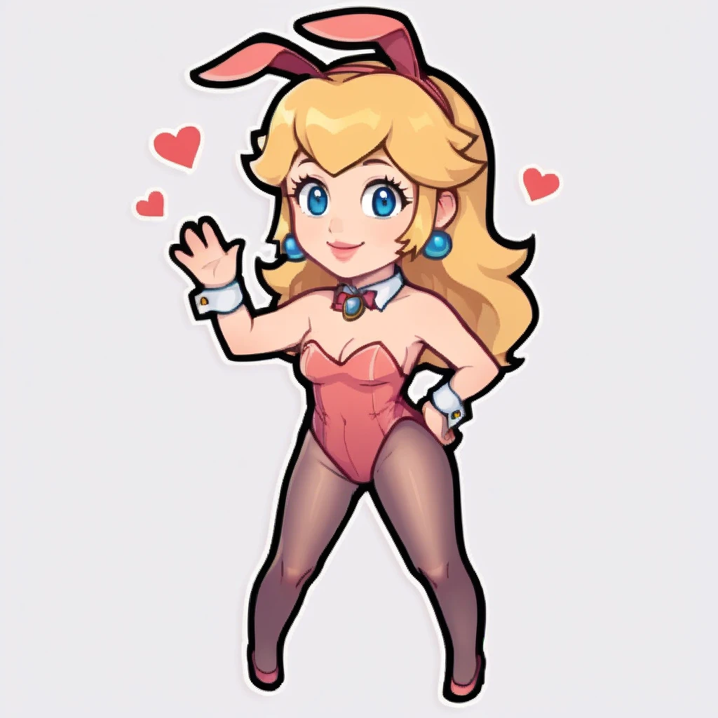 score_9, score_8_up, score_7_up, score_6_up, score_5_up, score_4_up, BREAK, source_cartoon, source_anime,
sticker, colorful, outline, chibi,
1girl, princess peach wearing a pink playboy bunny outfit, strapless pink leotard, pantyhose,
waving, heart, standing, smile, looking at viewer, solo, simple background, white background,  <lora:EasyStickerPDXL_byKonan:1>