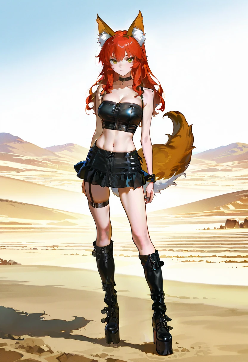 1girl,solo,looking at viewer,ikeda ruriko, desert,echo lingerie, boots, skirt, zipper, choker, platform footwear, midriff, tamamo_cat_(fate)