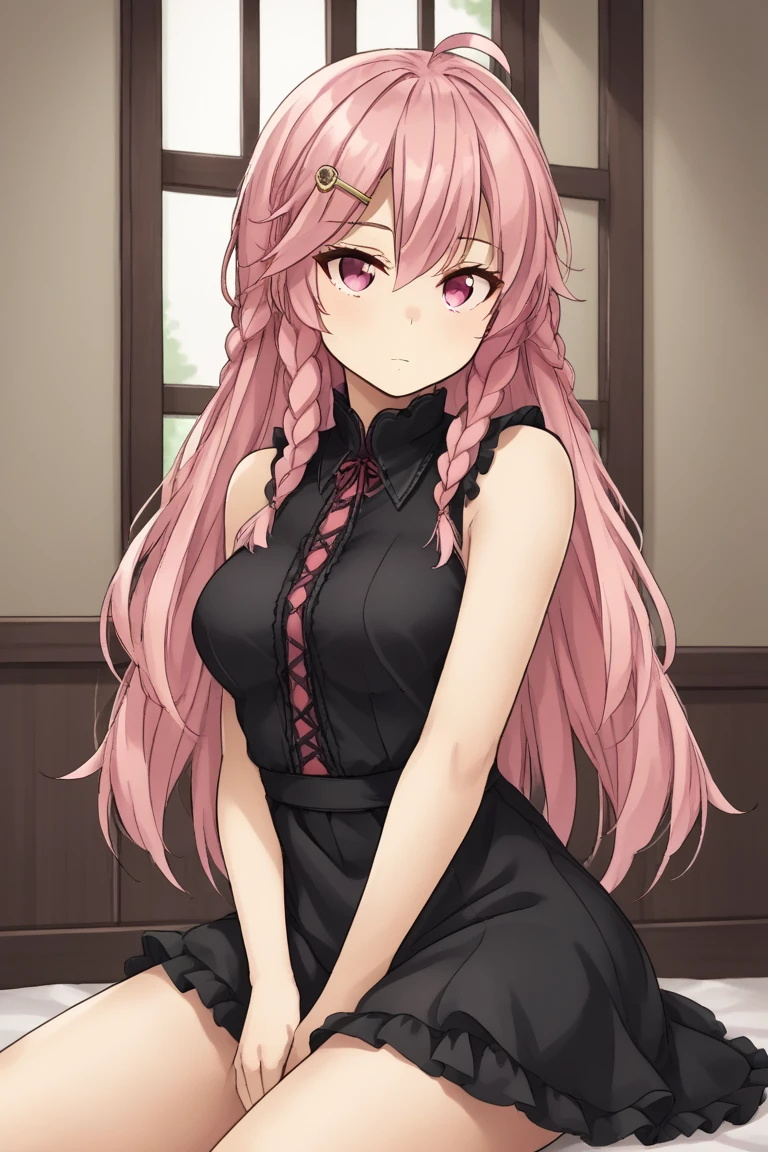 1girl, solo, rubinaap, pink hair, long hair, twin braids, hairclip, ahoge, pink eyes, black dress, sleeveless, frills, indoors, window, sitting, expressionless, stoic