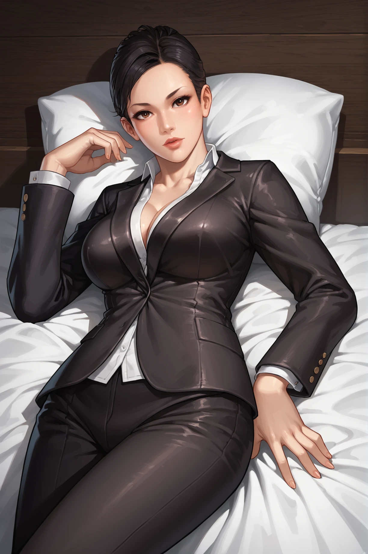 score_9, score_8_up, score_7_up, A woman lying on her side on a bed, propped up on one elbow, her other hand resting on her hip., <lora:Miyako_Dead_or_Alive:0.7> myk-doa, 1girl, solo, black hair, large breasts, brown eyes, formal suit, looking at viewer