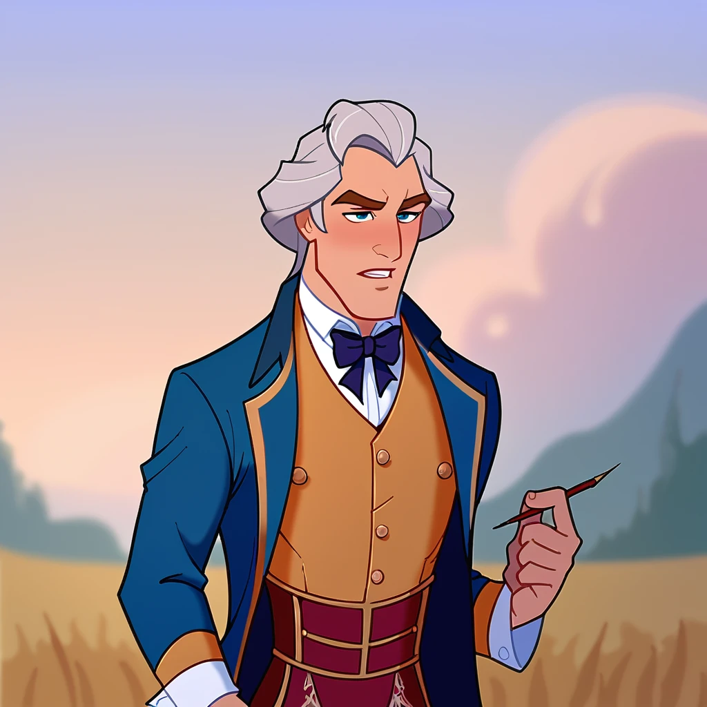 score_9, score_8_up, score_7_up, drawing, disney style, cartoon, animation, 1boys w16hsl1ps, male focus,he wears a historical wig and 18th century clothes, indoors, gray hair, open coat, waistcoat, blue breeches, <lora:Disney_Renaissance:0.6>, outdoors, field meadow
((masterpiece, best quality)), ponytail with black ribbon, from waist up,
<lora:18th_Cent_man_PXL_V0:0.8>, 
<lora:Smooth Anime 2 Style SDXL_LoRA_Pony Diffusion V6 XL:1>