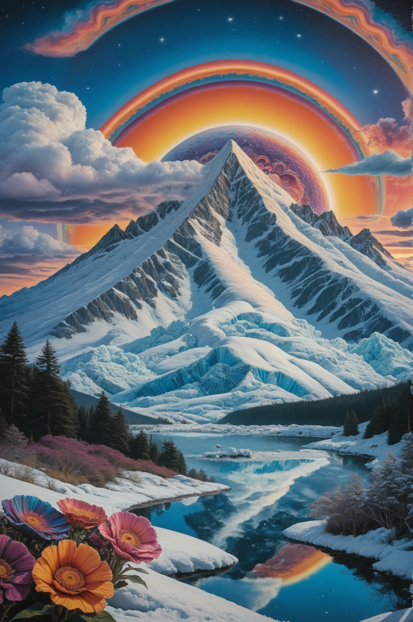 score_9, score_8_up, score_7_up, photo of <lora:psychedelic.landscape.PDXL_epoch_8:1>psychedelic landscape, outdoors, colorful sky, night, dark sky, cosmic, planets, stars, clouds, flowers, mountains, snow, ice caps, lake, reflection, photo background, source_photo, ultra-detailed, (analog film grain), high quality, Fujifilm XT3