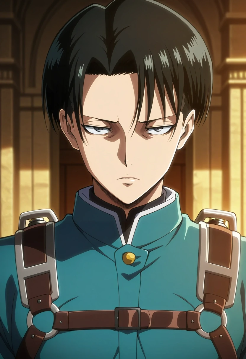 masterpiece, best quality, intricate details, anime screencap, anime coloring, official style, looking at viewer, depth of field, 1boy, solo, male focus, <lora:levi_ackerman_ilxl:0.94>, levi_ackerman, black hair, black eyes, short hair, curtained hair, , three-dimensional maneuver gear, , egyptian costume